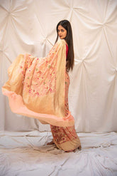 Peach Pure Khaddi Georgette Banarasi Handloom Saree With Allover Meenakari Jaal